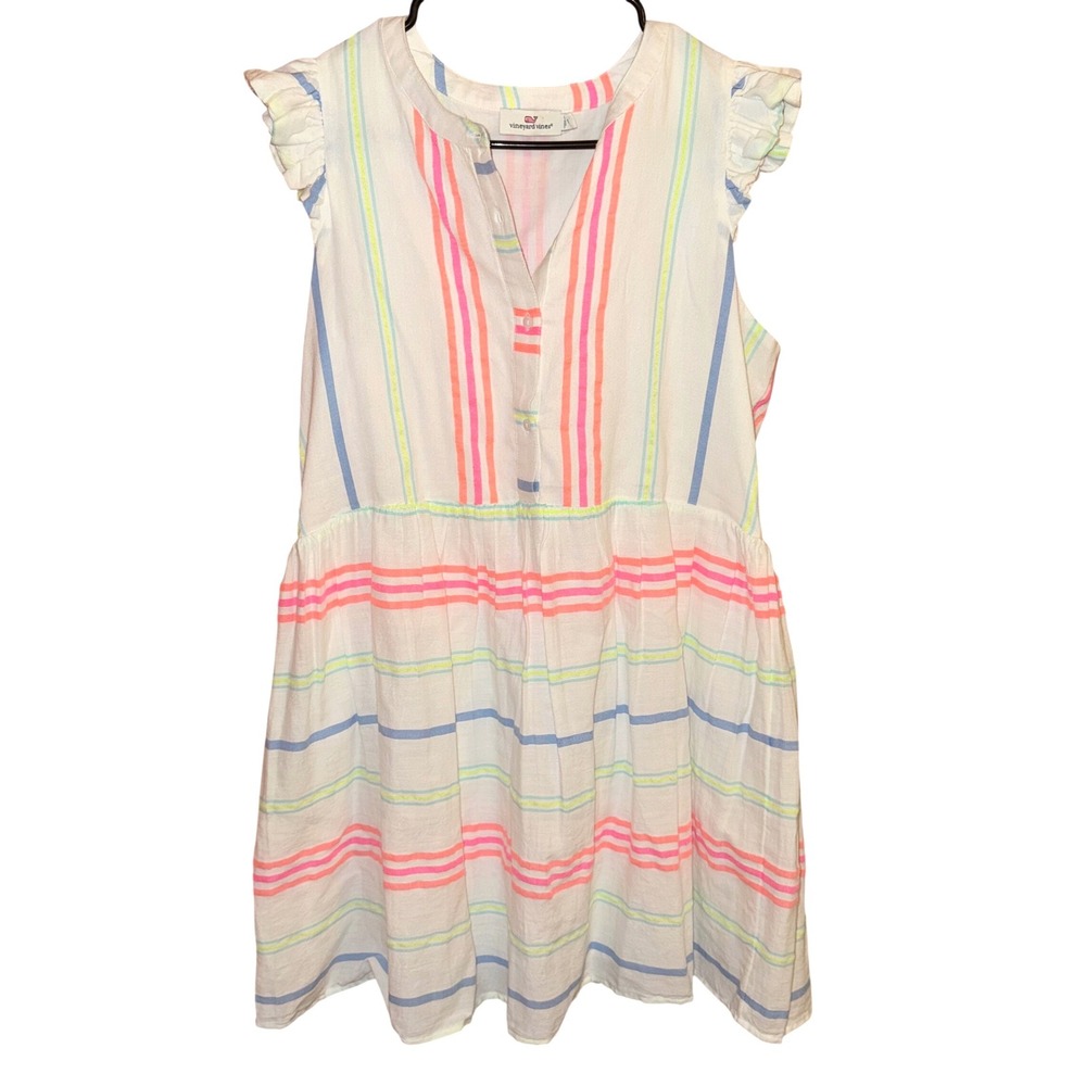 Vineyard Vines Neon Striped Sleeveless Ruffle Mini Dress Size 12 - Picture 3 of 11